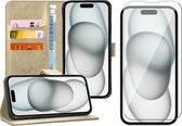 Hoesje geschikt voor iPhone 15 - Screen Protector GlassGuard - Book Case Leer Pasjeshouder Goud & Screenprotector