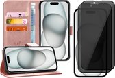 Hoesje geschikt voor iPhone 15 Plus - 2x Privacy Screen Protector FullGuard - Book Case Leer Pasjeshouder Rosegoud & Screenprotector