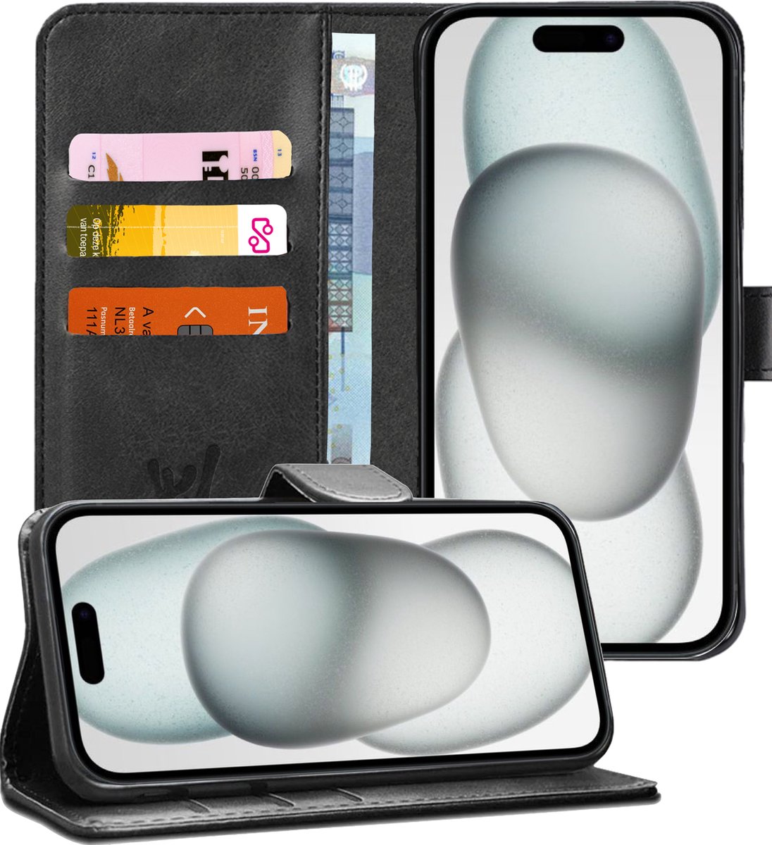 Hoesje geschikt voor iPhone 15 Plus - Book Case Kunstleer Pasjeshouder Zwart