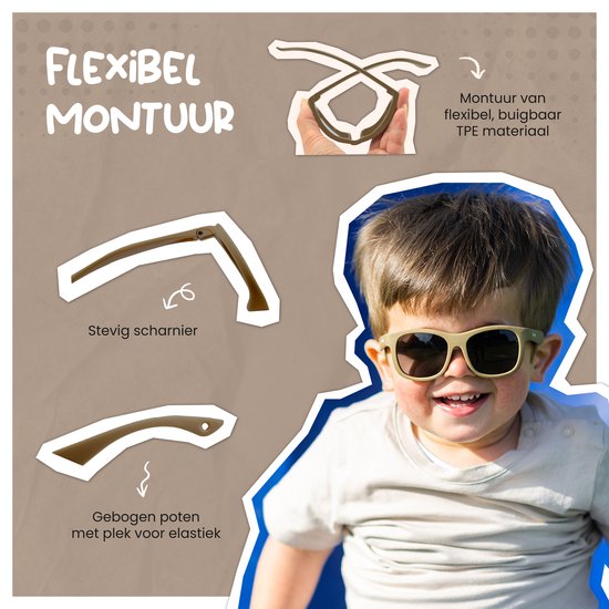 Maesy - baby zonnebril Luca - 1-3 jaar - flexibel buigbaar - verstelbaar elastiek - gepolariseerde UV400 bescherming- dreumes en peuter - jongens en meisjes - kinder zonnebril vierkant - taupe bruin van Maesy — afbeelding 3