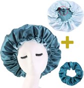 Satijnen Bonnet + Scrunchie - Satijnen Slaapmuts - Bonnet voor Krullen - Haar Bonnet - Hair Bonnet - Satin Bonnet - Afro - Unisex - Groen - Green