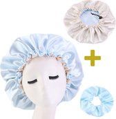 Satijnen Bonnet + Scrunchie - Satijnen Slaapmuts - Bonnet voor Krullen - Haar Bonnet - Hair Bonnet - Satin Bonnet - Afro - Unisex - Licht Blauw - Baby Blauw - Light Blue