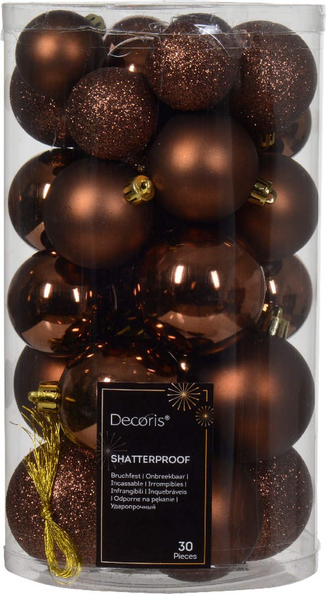 Decoris kunststof kerstballen bruin 30 stuks