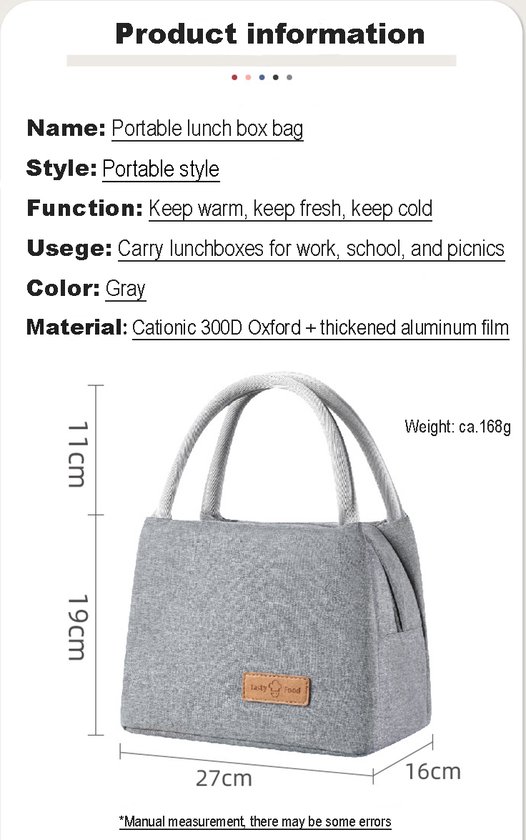 Rainbecom - Sacs isothermes - Sac à lunch - 19x27x16 cm - 7 litres - Grijs - Isolation - Polyester cationique 300D - Riem de poignée - Sac isotherme - Sac à lunch - Sac isotherme - Sac de pique-nique