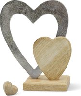 Liefdevol dubbel hart met extra handvleiend hart - decoratief hart van metaal en hout in zilver en natuurlijk bruin als decoratie - decoratief hart om neer te zetten - hartdecoratie als