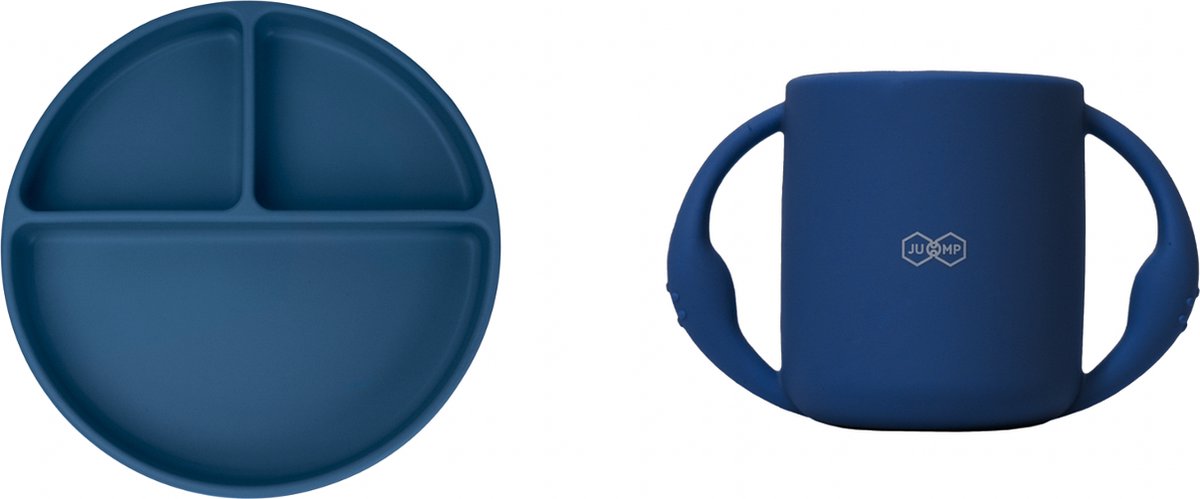 Goedkoopste JU&MP Kinderserviesset - Baby - Kinderbordje met Zuignap - Oefenbeker - Kraamcadeau - Donkerblauw