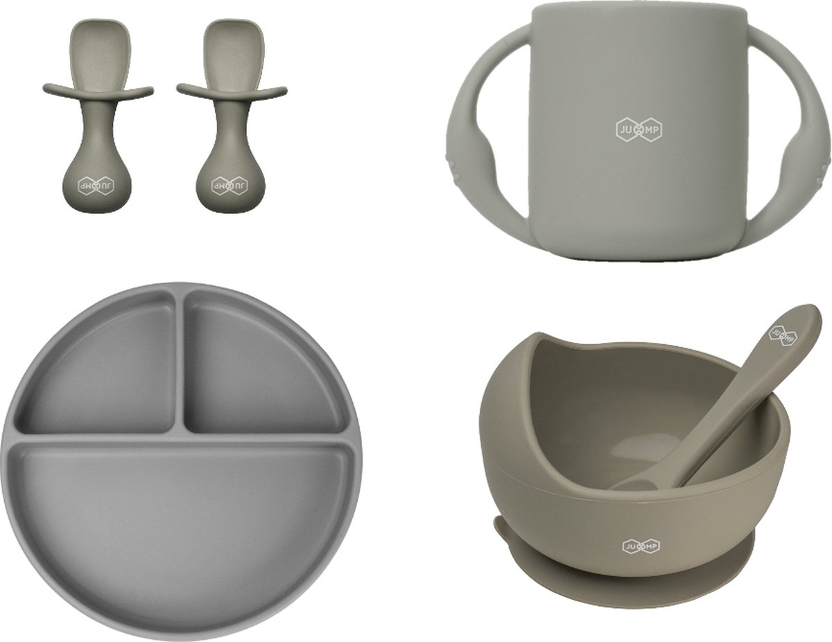 Goedkoopste JU&MP Kinderserviesset - Baby - Kinderbordje met Zuignap - Kommetje met Lepel - Kinderbestek - Oefenbeker - Kraamcadeau - Grijs