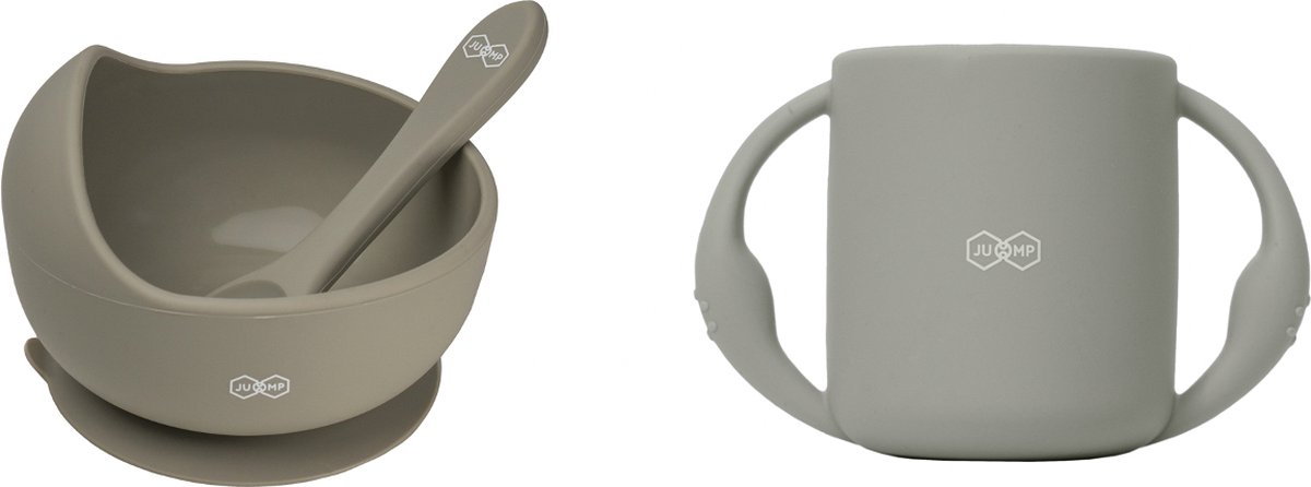 Goedkoopste JU&MP Kinderserviesset - Baby - Kommetje met Lepel - Oefenbeker - Kraamcadeau - Grijs