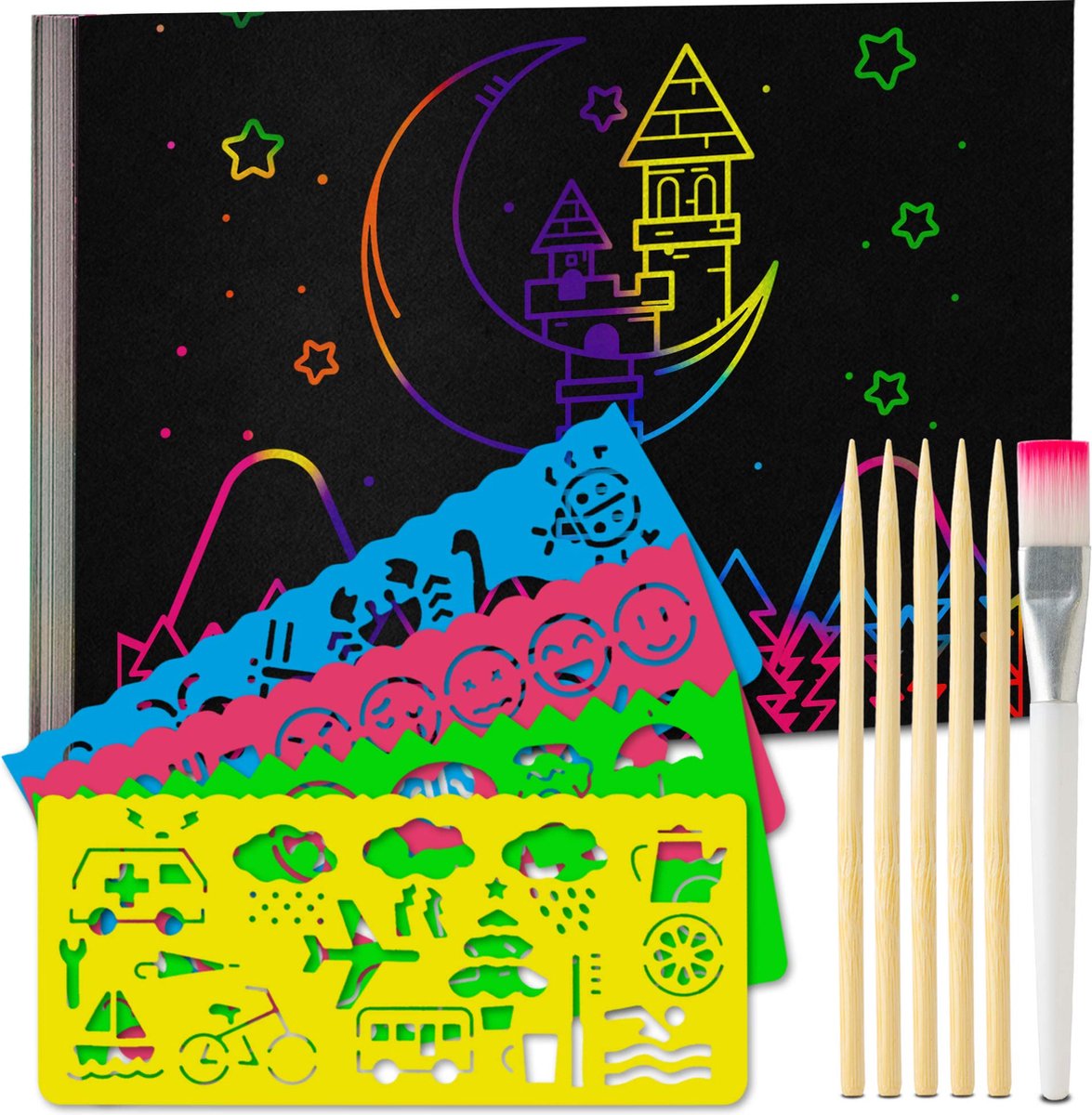 Krabfoto's set voor kinderen en volwassenen, 55 vellen, regenboog-kraspapier voor tekenen en knutselen, met sjablonenlinialen, houten stiften, stickers en kwasten, 13 x 19 cm - Tritart