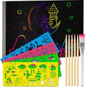 Krabfoto's set voor kinderen en volwassenen, 55 vellen, regenboog-kraspapier voor tekenen en knutselen, met sjablonenlinialen, houten stiften, stickers en kwasten, 13 x 19 cm