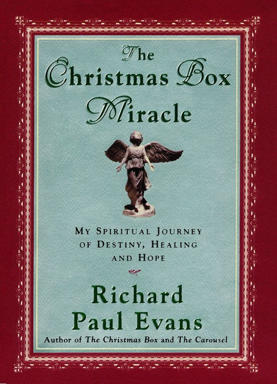 Boek omslag: "The Christmas Box Miracle" met een engel beeldje in het midden en tekst.