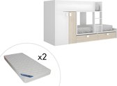 Stapelbed - Ingebouwde kast - 2x90x190cm - Wit en eiken + matras - JUANITO L 275 cm x H 150 cm x D 108 cm