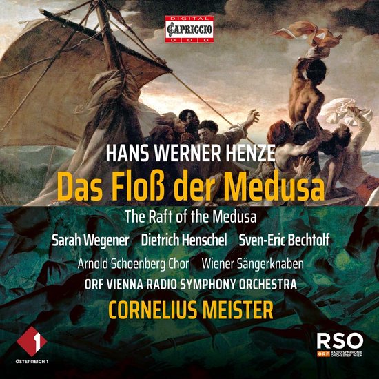 Albumhoes voor 'Das Floß der Medusa' van Hans Werner Henze met een schilderij van een schip in een storm. Tekst in het geel en wit.