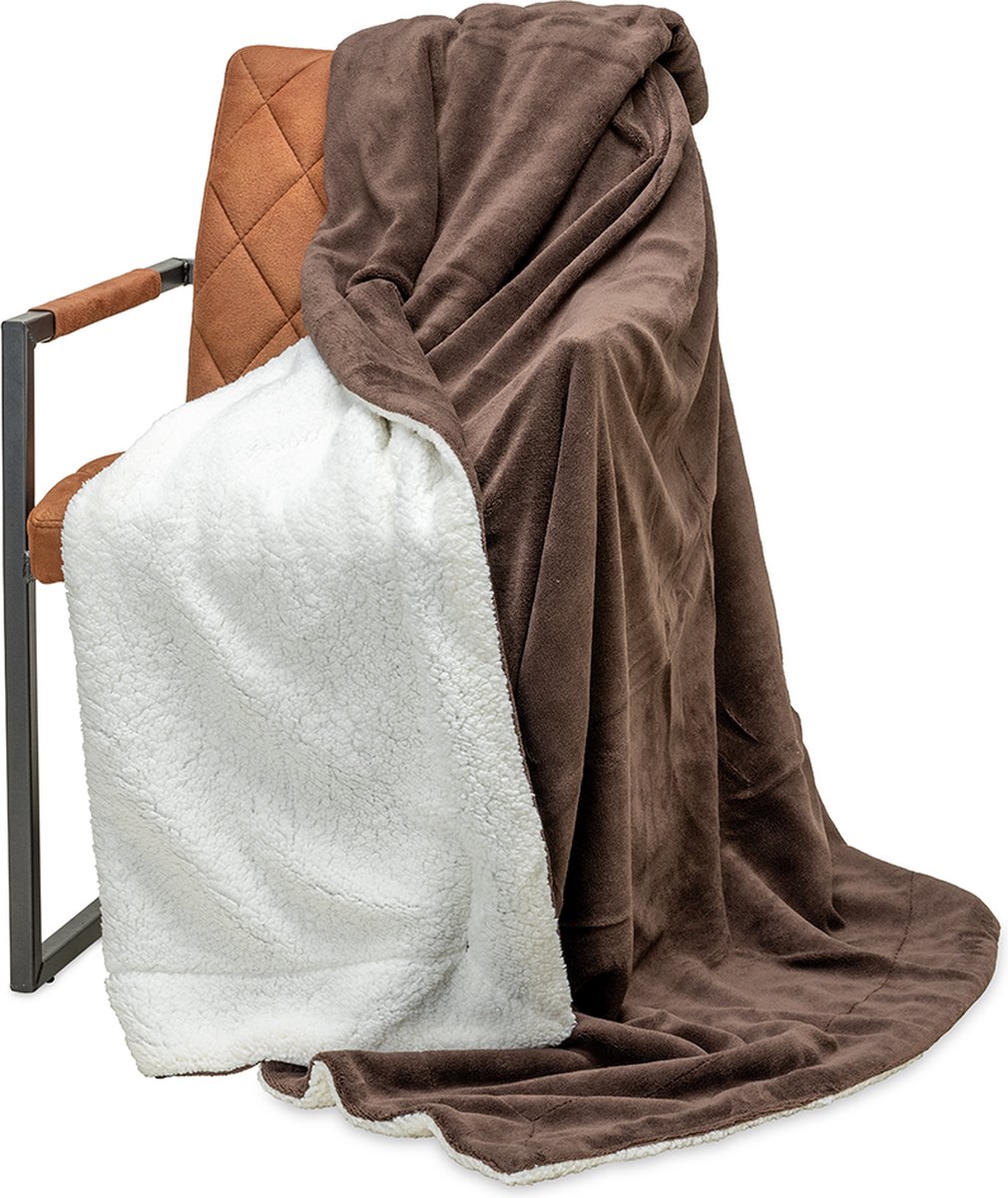 Wicotex - Plaid deken - Fleece Plaid Espoo Bruin - Afmeting 200x240cm met Witte Sherpa binnenkant - Zacht en warme Fleece deken - Plaidfleece