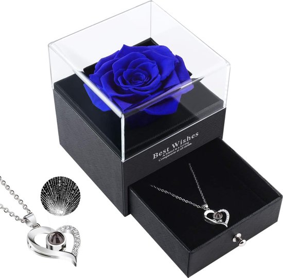 Valentijnsdag cadeau Echte bewaarde roos Eeuwig handgemaakt met liefde je ketting Rose geschenkdoos Handgemaakte verse roos cadeau voor haar Romantische geschenken haar (blauw)