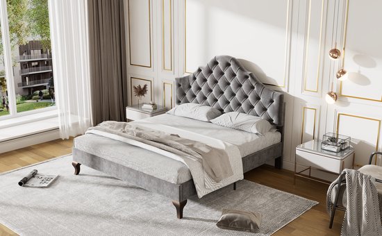 Lit double rembourré Merax - Lit pour 2 personnes avec tête de lit réglable - Grijs