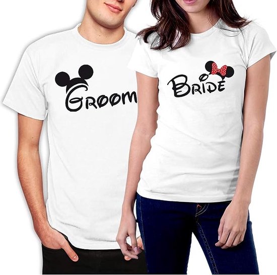 PicOnTshirt - Teetalks Series - T-Shirt Dames - T-Shirt Heren - T-Shirt Met Print - Bride & Groom Bijpassende T-Shirts- 2 Pack - Wit - Heren XXL/Dames S