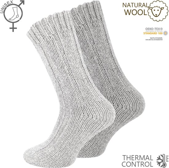 Warme Noorse Wollen sokken - 2 paar - maat 39-42 - Grijs - Dikke Huissokken met Schapenwol - Wintersokken Dames/Heren