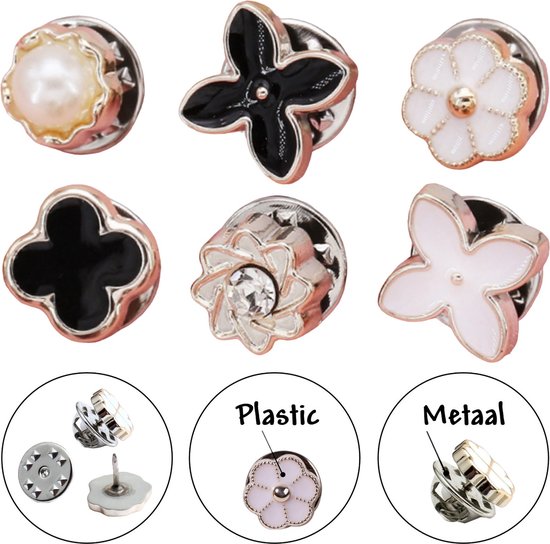 Fako Bijoux® - Pin Broche Mini - Steek Pin Knopen Set - 6 Mini Broches - 8-12mm - Silver, Gold, Black, White, Shiny & Pearl - 6 Stuks - Zilver, Goud, Zwart & Wit - Serie 12