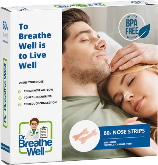 Foto: Dr breathe well 60 neuspleisters maat 43mm small medium anti snurk pleisters 60 neusstrips sterke kleefstof anti snurk producten eenvoudig te verwijderen simply the right choice 