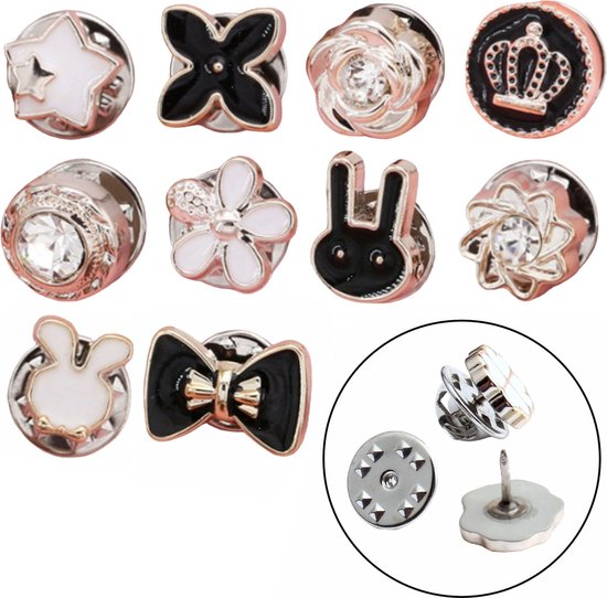 Fako Bijoux® - Pin Broche Mini - Steek Pin Knopen Set - 10 Mini Broches - 8-12mm - Silver, Gold, Black, White & Shiny - 10 Stuks - Zilver, Goud, Zwart & Wit - Serie 5