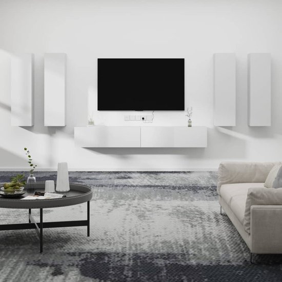 The Living Store TV-meubel Set - Klassiek design - Bewerkt hout - Wit - 6 stuks