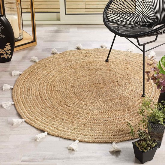 Decoratief tapijt rond (0) 120 cm jute uni + pompons Shira wit