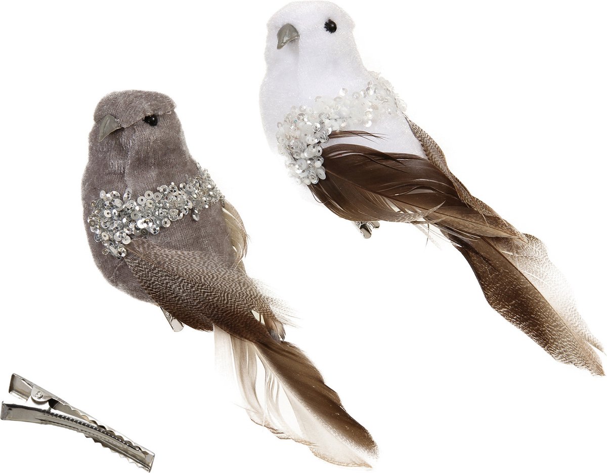 Othmar Decorations vogels op clip - 6x - grijs/wit -17 cm -kunststof