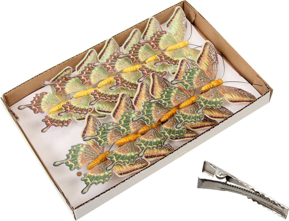 Othmar Decorations decoratie vlinders op clip - 12x - beige/oranje -9 cm