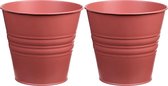 Seau/pot de fleur en zinc - 2x - rouge brique - D14 x H12 cm - Pots à plantes