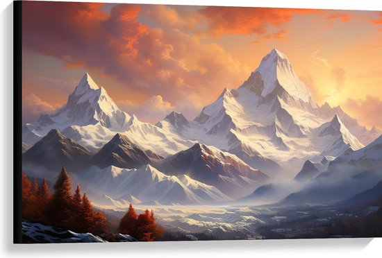 Canvas - Bergen - Bomen - Sneeuw - Wolken - 90x60 cm Foto op Canvas Schilderij (Wanddecoratie op Canvas)