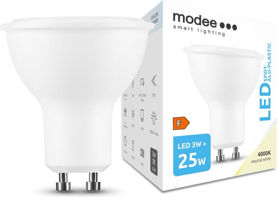 Modee Lighting - LED spot GU10 - 3W vervangt 25W - 4000K helder wit licht