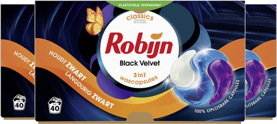 Drie pakken Robijn Black Velvet 3-in-1 wascapsules met oranje vlinders en tekst.