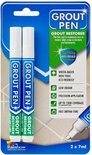 Verpakking met twee witte grout pennen met blauwe en groene tekst. 'GROUT PEN GROUT RESTORER'.