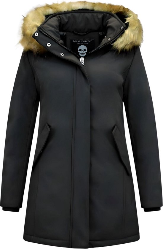 MATOGLA Manteau d'hiver pour femme avec col en imitation fourrure - Coupe slim - Zwart