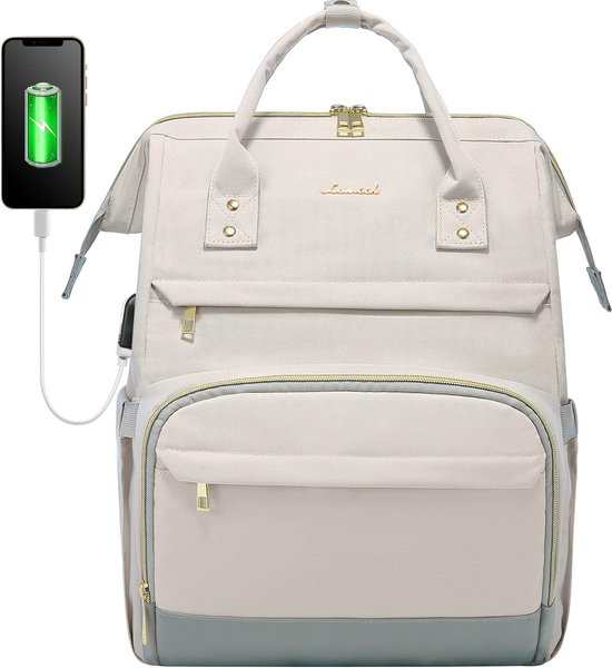 Laptoptas 17 inch - Beige - USB-oplaadpoort - 32 x 15 x 43 - Rugzak voor dames - Waterdichte rugtas - Voor werk, kantoor, school, reizen