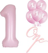 7-delige eerste verjaardag set met roze ballonnen en taart topper One - cakesmash - eerste verjaardag - one - taart topper - ballon