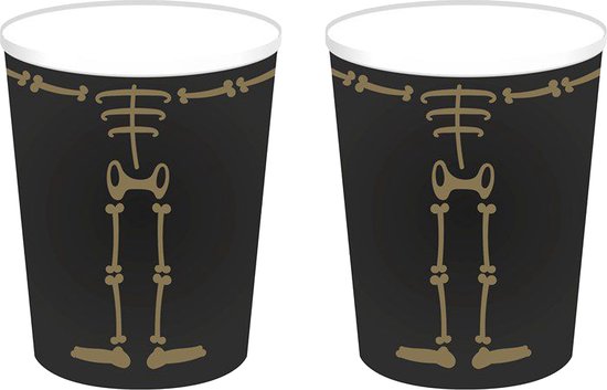 Haza Halloween/horror skelet feest bekers - 16x - zwart - papier - 250 ml
