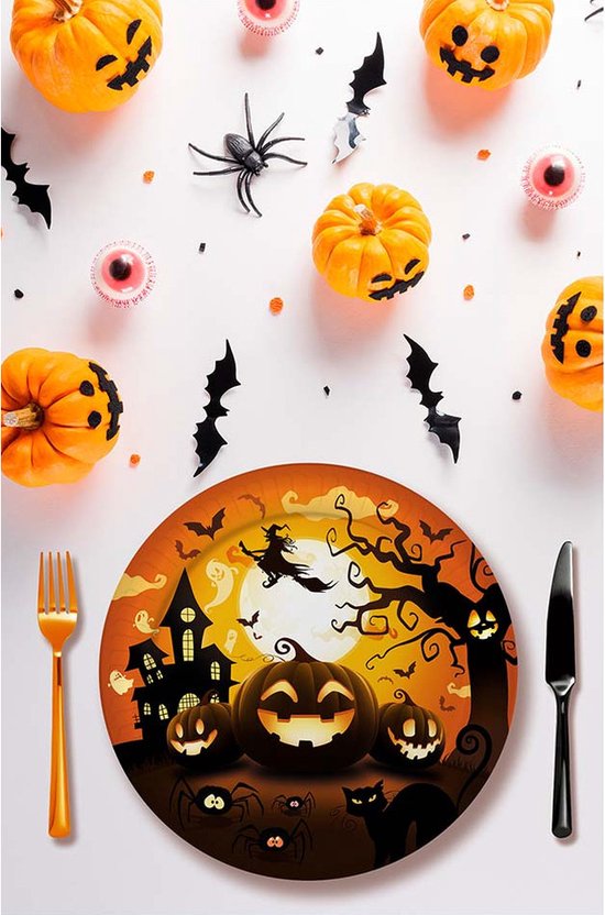 Fiestas Guirca Assiettes citrouilles Halloween/horreur - 12x - noir - papier - D23 cm