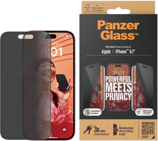 Geschikt voor PanzerGlass Ultra-Wide Apple iPhone 15 Screen Protector Privacy Glass