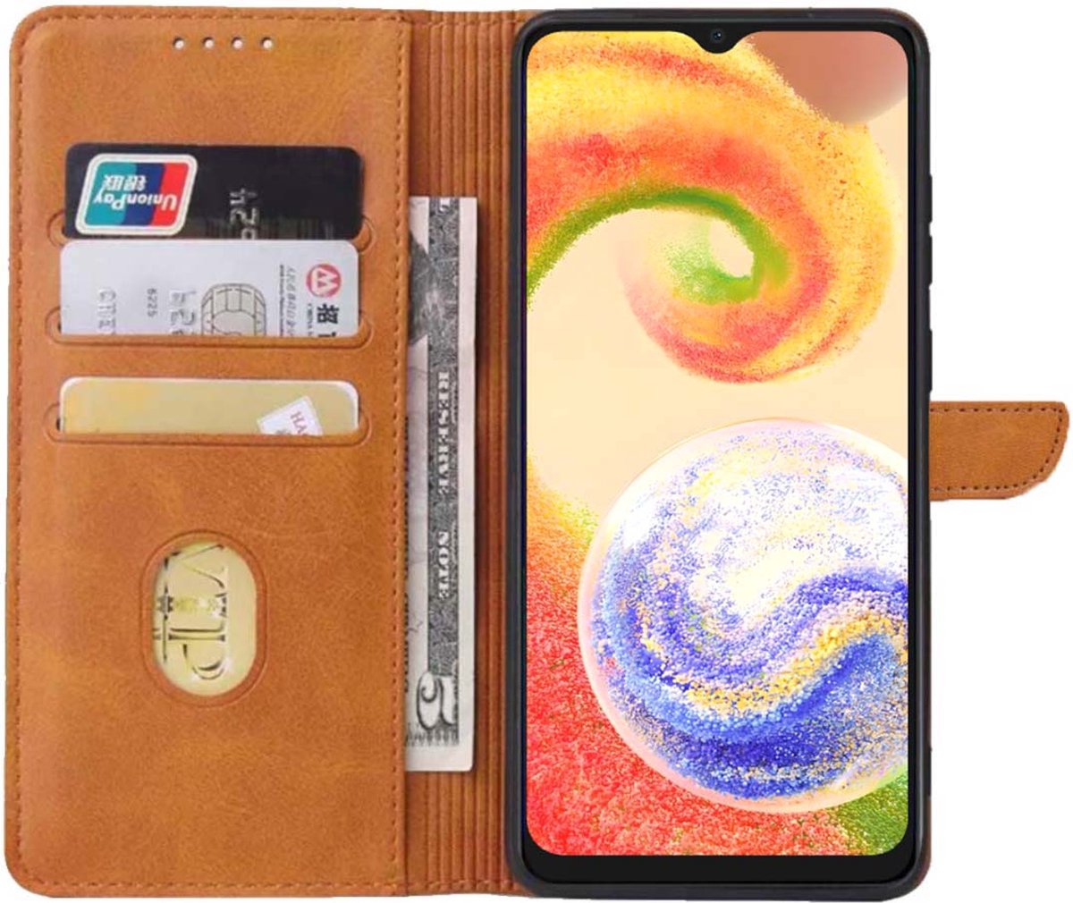 Geschikt voor Samsung Galaxy A04 Telefoonhoesje Kunstleer met Magnetisch lipje en Pasjeshouder Book Case met Klepje - Bruin - Smartphonica geschikt voor Samsung Galaxy A04