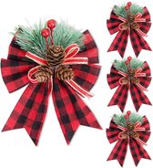 4 Stuks - Kerst Strikken - Buffalo Plaid Met Denneappels - Binnen- en Buitenversiering - Kerstboom Decoratie - Kersthanger - Zwart en Rood -4 Stuks