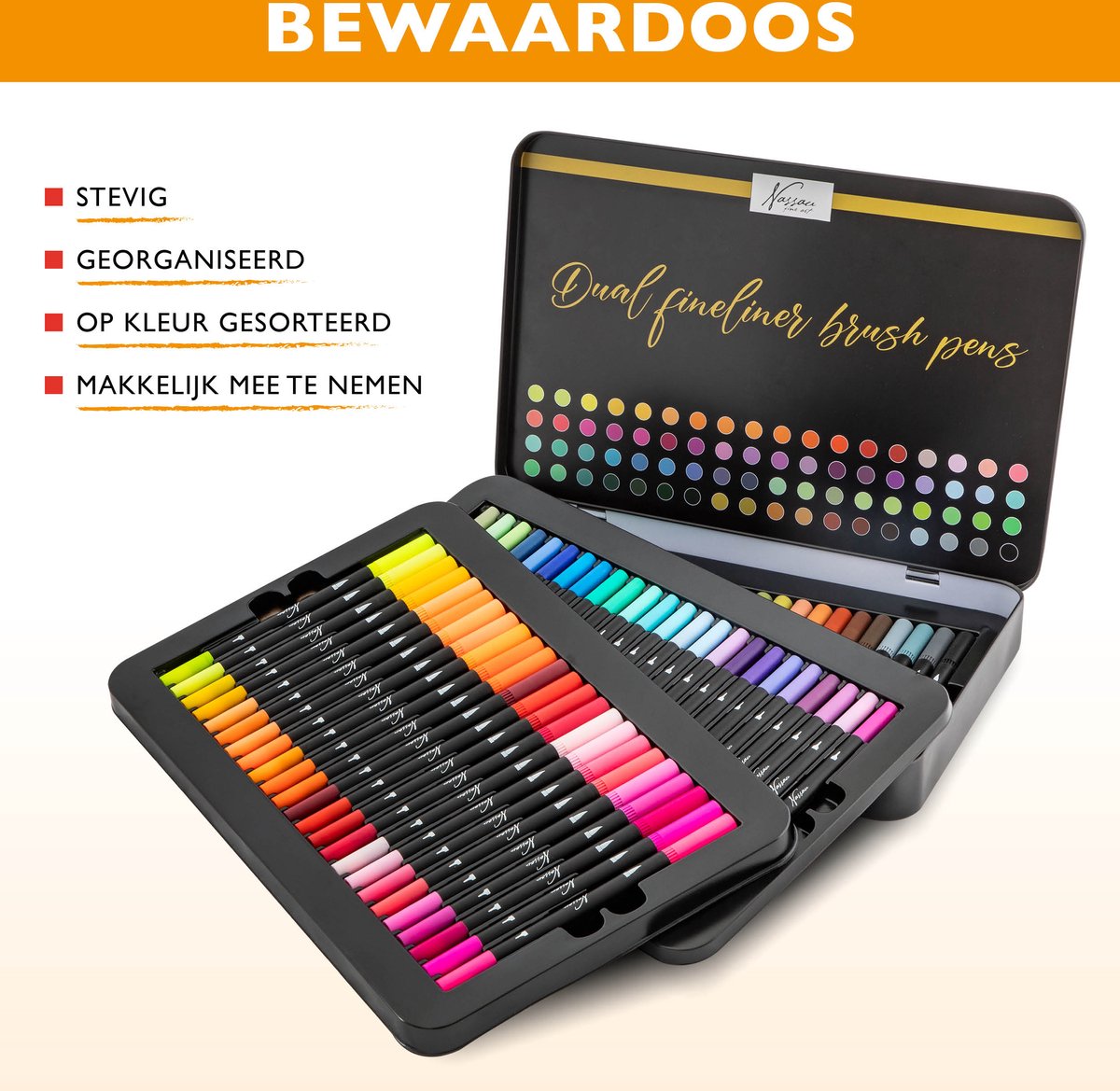 Nassau Fine Art Set van 72 Dual Brush Pens en Fineliners 0,4 mm – Dubbelzijdige Kleurstiften voor Handlettering, Bullet Journaling en Tekenen – Inclusief Metalen Opbergdoos – Multicolor — afbeelding 3
