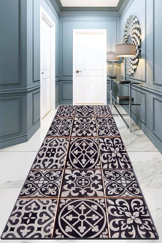 Woonkamertapijt, laagpolig, moderne geometrische antislip vloer voor gang, tapijt, gelloper, zwart-wit (laté, 80 x 300 cm)