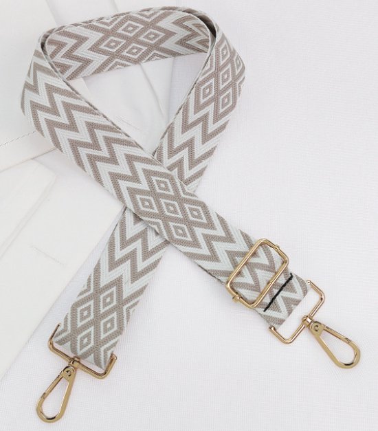 Bag Strap - Bagstrap - Tassenriem - Schouderband - Tassenband Ibiza - Verstelbaar - Grijs Wit Geometrisch Motief - Gouden Gesp