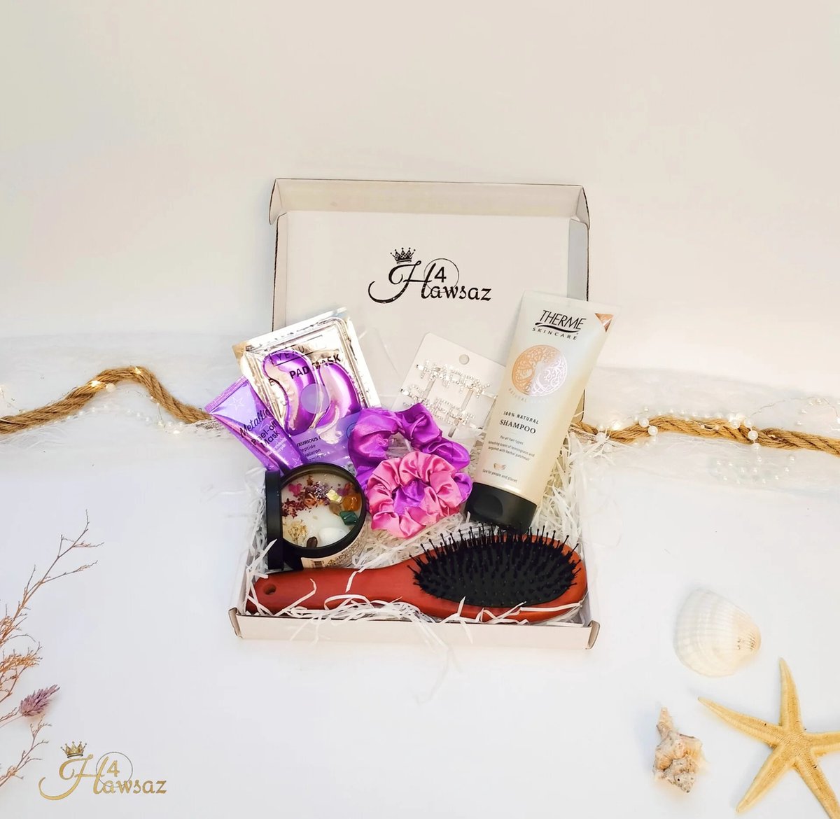 Dames Geschenk - Verzorgingsset 9 stuks - Hawsaz.nl cadeau - Beauty Set - Haarverzorging geschenkset - Cadeausets - Verwenpakket - Gezichtverzorging - Haar elastiek - Scrunshie - Luxe Cadeaupakket - Edelstenen geurkaars vanille - oog masker