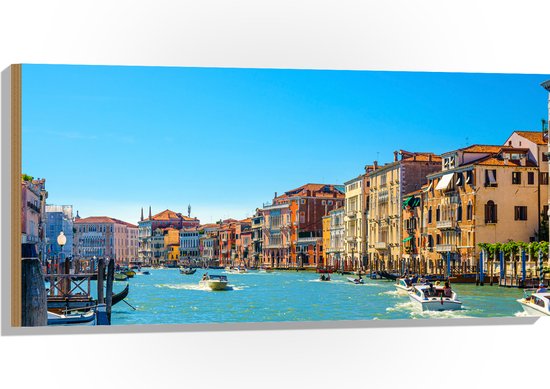 Hout - Wateren van Venetië bij Gekleurde Huisjes - 100x50 cm - 9 mm dik - Foto op Hout (Met Ophangsysteem)