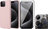 Hoesje geschikt voor iPhone 15 Pro Max - Screenprotector FullGuard & Camera Lens Screen Protector - Back Cover Case SoftTouch Roze