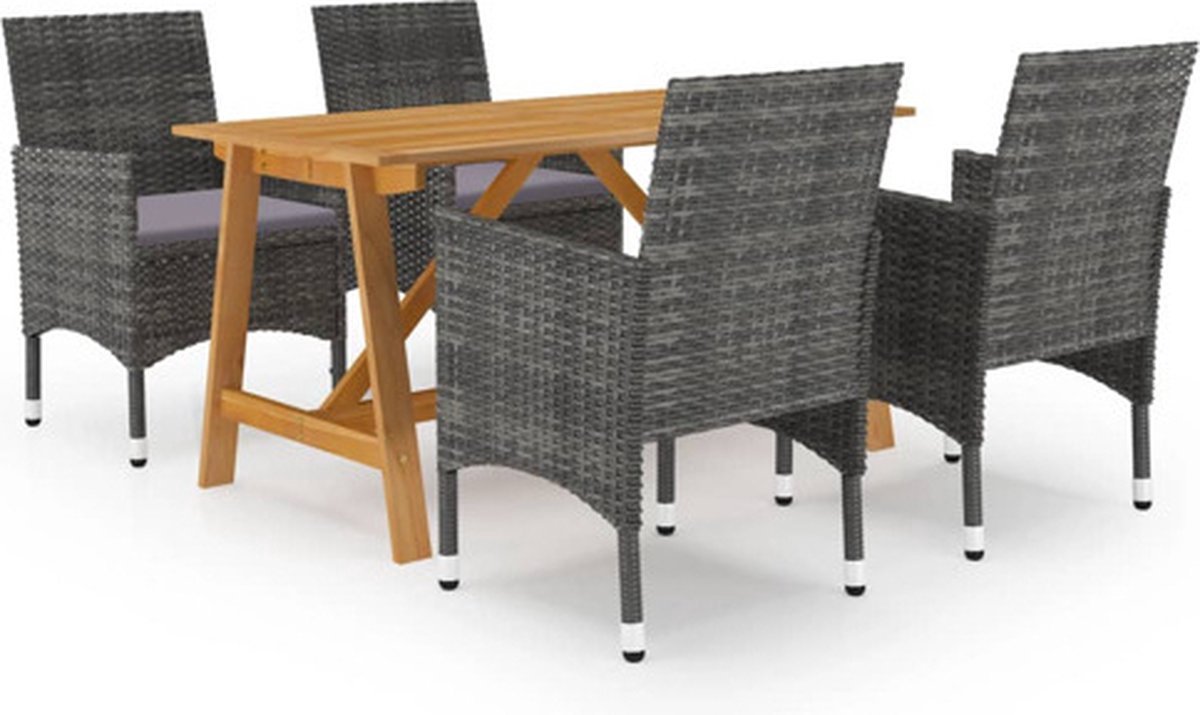 The Living Store 5-delige Tuinset grijs - Tuinstoel - Eettafel - Acacia Hout - Ratten Meubilair - Buitentijd