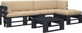 The Living Store Loungeset Pallet - Grenenhout - Beige Kussens | 110x65x55 cm | Waterbestendige hoes